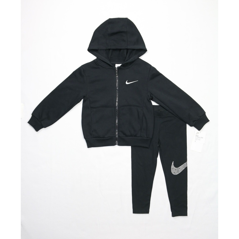 Nike Girls Fleece Hoodie & Active Pants Set Size 4 Black Embroidered Swoosh